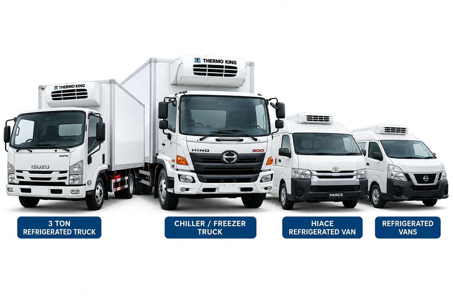 Swift Refrigerated Transport fleet — Thermo King chiller freezer truck and Hiace refrigerated van in Abu Dhabi